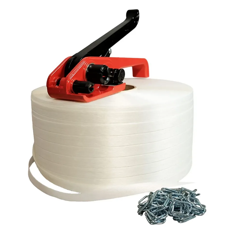 Kit 1 Feuillard de cerclage fil à fil 19 mm x 600 m + 250 boucles OFFERTES + 1 tendeur - Résistance 550kg - TECPLAST KFF1