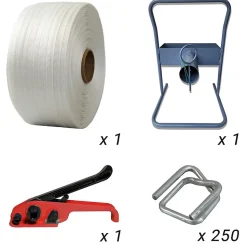 Kit 1 Feuillard de cerclage tressé 16 mm x 850 m + 1 tendeur OFFERT + 1 dévidoir + boucles - Résistance 450kg - TECPLAST KFT2