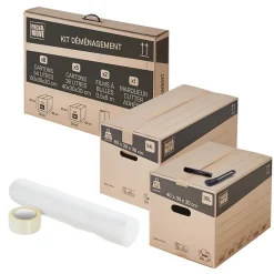 Kit de déménagement complet avec cartons, papier bulles, scotch, cutter et feutre, Pack and Move