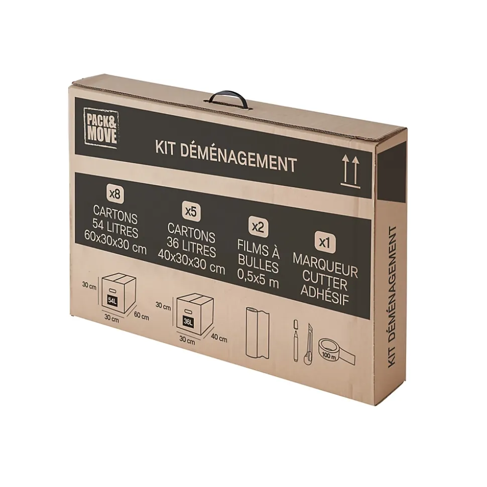 Kit de déménagement complet avec cartons, papier bulles, scotch, cutter et feutre, Pack and Move