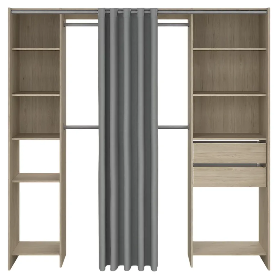 Kit dressing 2 colonnes réversibles avec rideau Dalvine décor chêne H. 200,4 x L. 200 x P. 48,25 cm