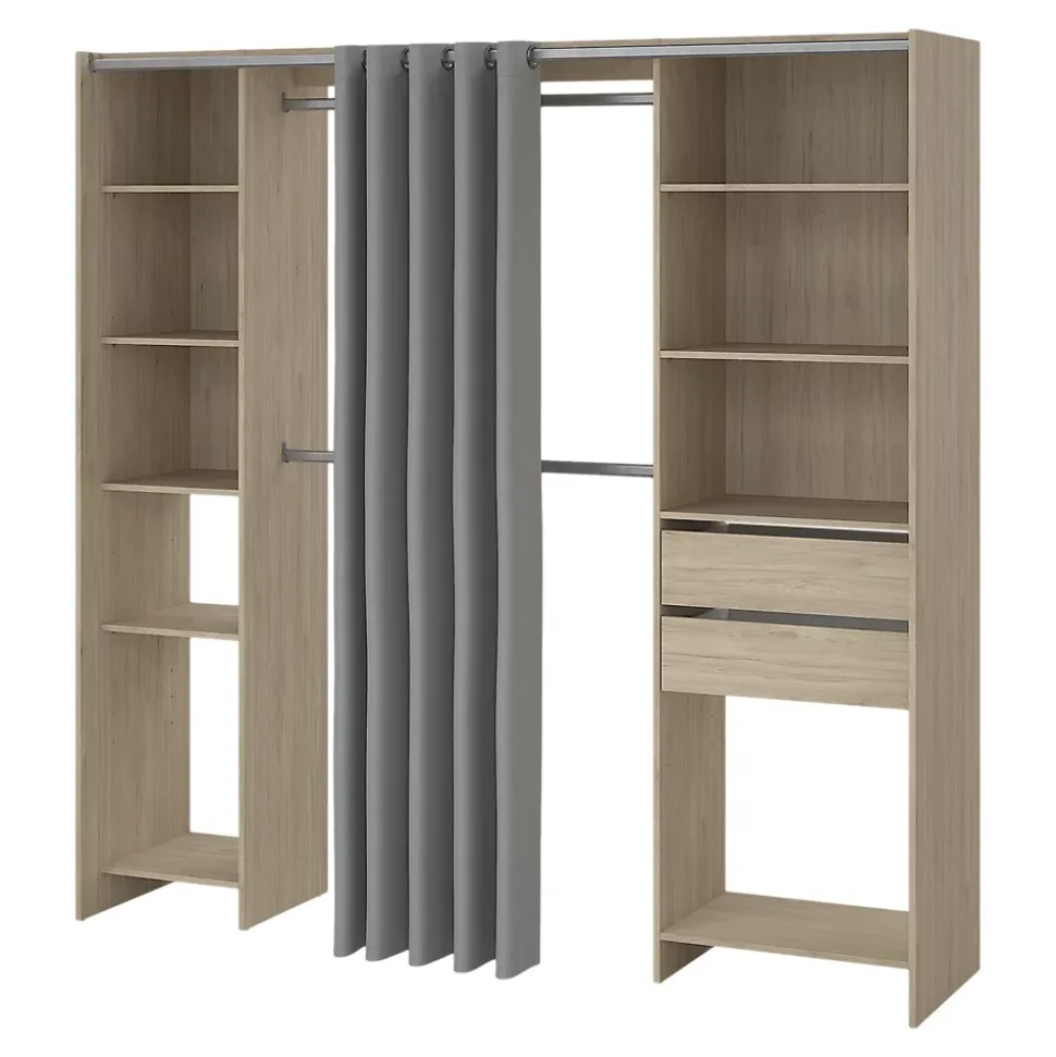 Kit dressing 2 colonnes réversibles avec rideau Dalvine décor chêne H. 200,4 x L. 200 x P. 48,25 cm