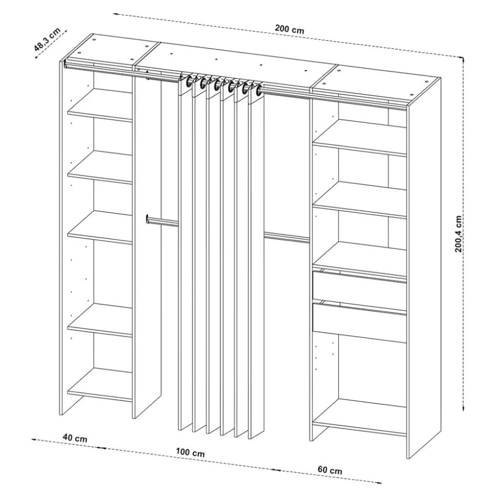Kit dressing 2 colonnes réversibles avec rideau Dalvine décor chêne H. 200,4 x L. 200 x P. 48,25 cm
