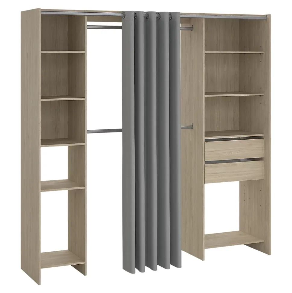 Kit dressing 2 colonnes réversibles avec rideau Dalvine décor chêne H. 200,4 x L. 200 x P. 48,25 cm