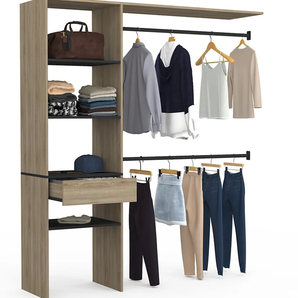 Kit dressing MELINE 160 x 40 x 180 cm hêtre avec étagères noires + tiroir + double penderie