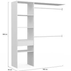Kit dressing MELINE 160 x 40 x 180 cm blanc avec étagères + tiroir + double penderie