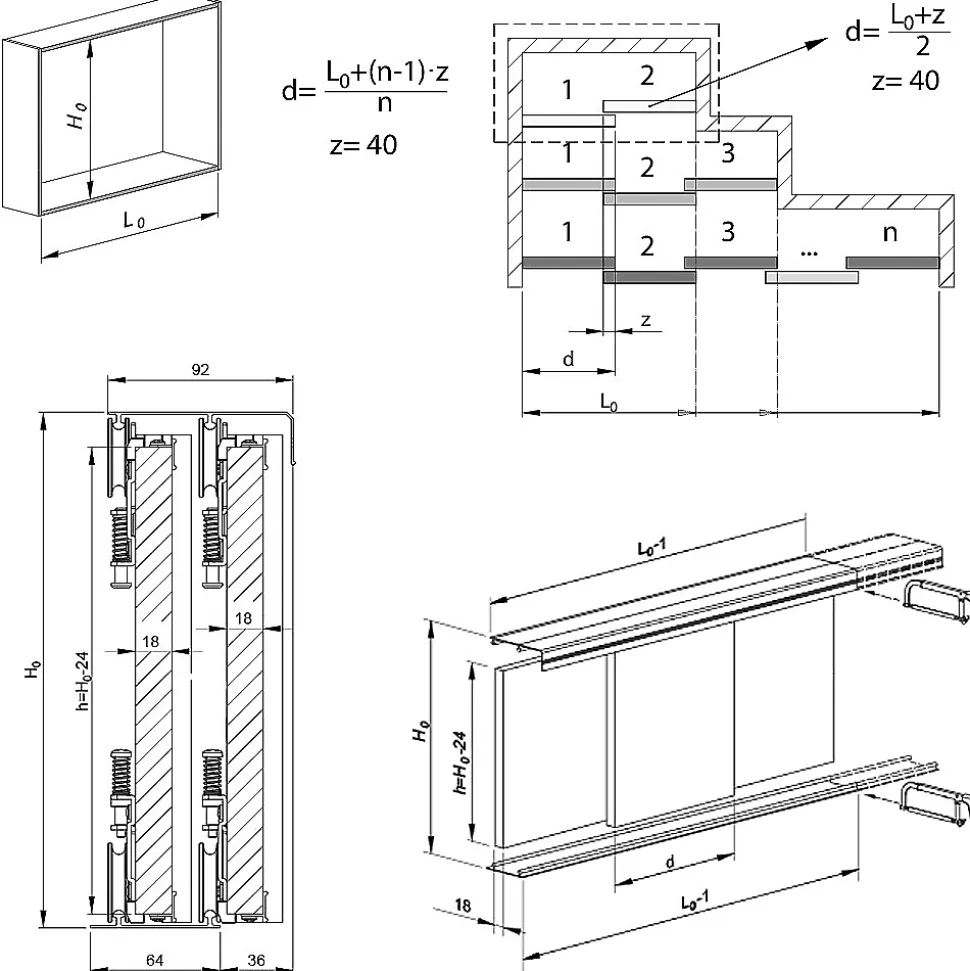 Kit SLID'UP 220 aluminium anodisé or pour 3 portes de placard coulissantes 18 mm - rail 2,7 m - 70 kg