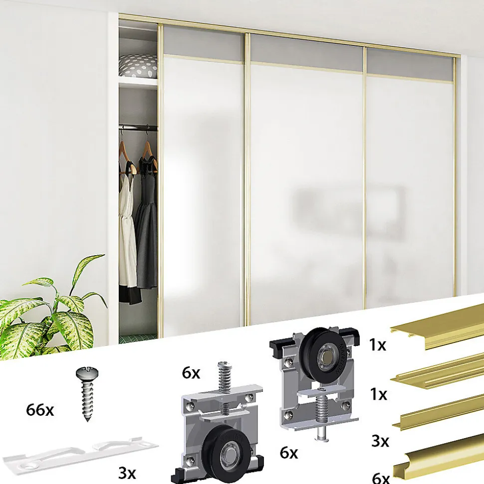 Kit SLID'UP 220 aluminium anodisé or pour 3 portes de placard coulissantes 18 mm - rail 2,7 m - 70 kg