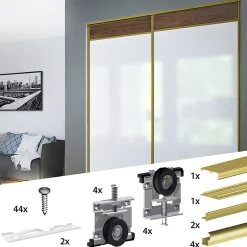 Kit SLID'UP 210 aluminium anodisé or pour 2 portes de placard coulissantes 16 mm - rail 1,8 m - 70 kg