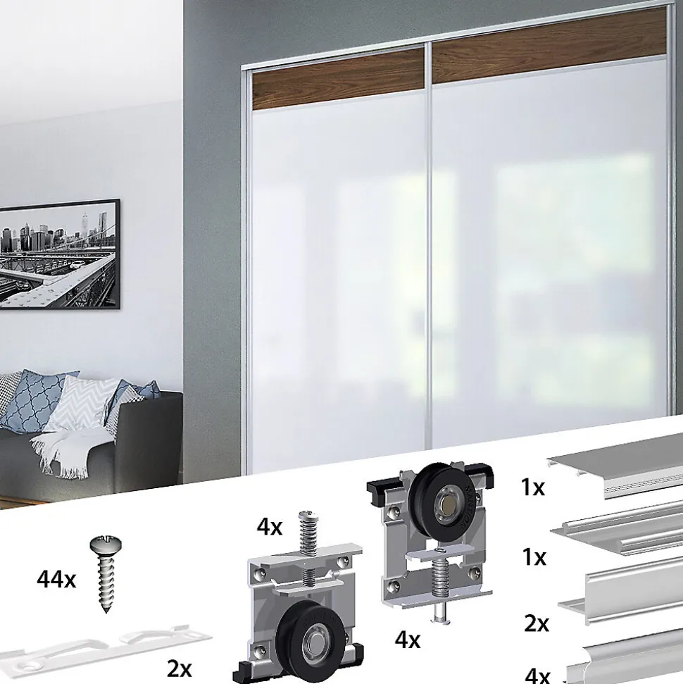 Kit SLID'UP 220 aluminium anodisé naturel pour 2 portes de placard coulissantes 18 mm - rail 1,8 m - 70 kg