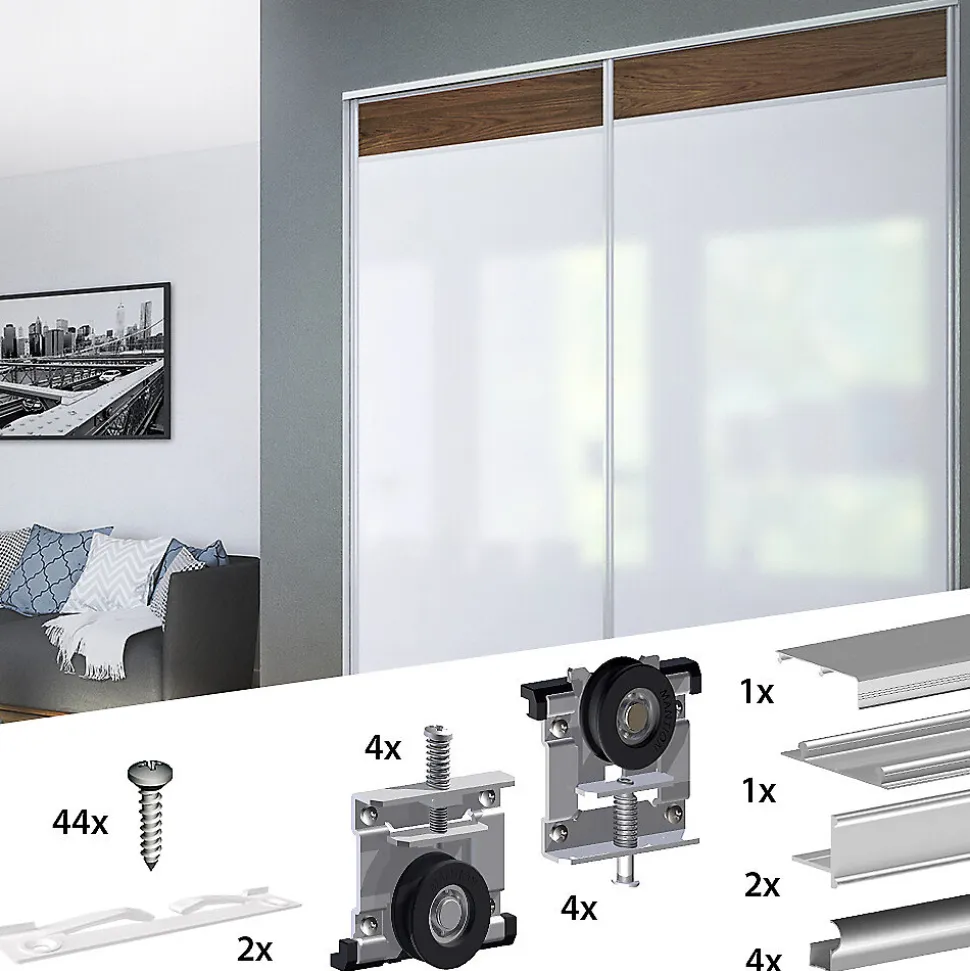 Kit SLID'UP 230 aluminium anodisé naturel pour 2 portes de placard coulissantes 19 mm - rail 1,8 m - 70 kg