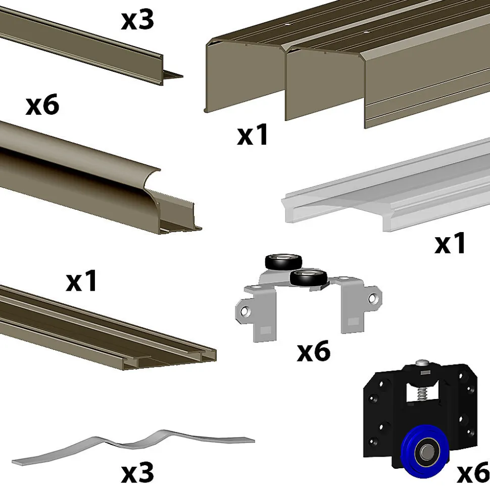 Kit SLID'UP 280 aluminium anodisé bronze pour 3 portes de placard coulissantes 18 mm - rail 3 m - 50 kg