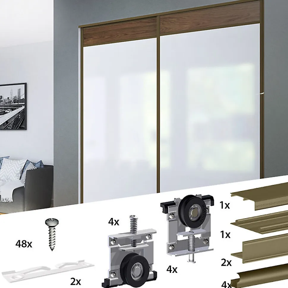 Kit SLID'UP 220 aluminium anodisé bronze pour 2 portes de placard coulissantes 18 mm - rail 1,8 m - 70 kg