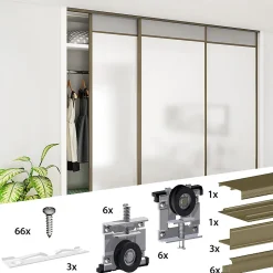 Kit SLID'UP 220 aluminium anodisé bronze pour 3 portes de placard coulissantes 18 mm - rail 2,7 m - 70 kg