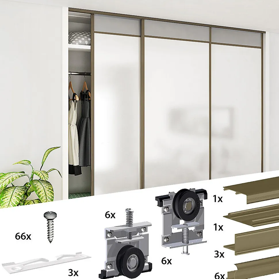 Kit SLID'UP 230 aluminium anodisé bronze pour 3 portes de placard coulissantes 19 mm - rail 2,7 m - 70 kg