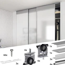 Kit SLID'UP 230 aluminium anodisé naturel pour 3 portes de placard coulissantes 19 mm - rail 2,7 m - 70 kg