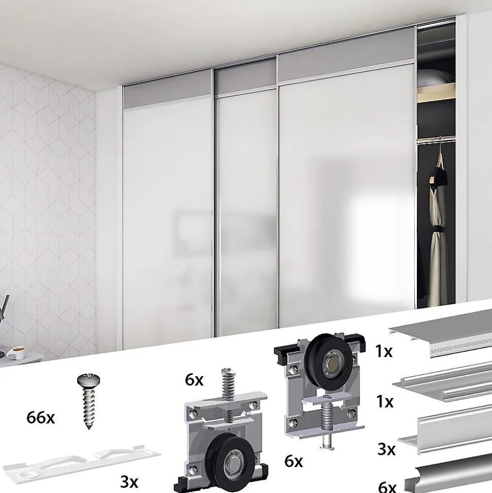 Kit SLID'UP 230 aluminium anodisé naturel pour 3 portes de placard coulissantes 19 mm - rail 2,7 m - 70 kg