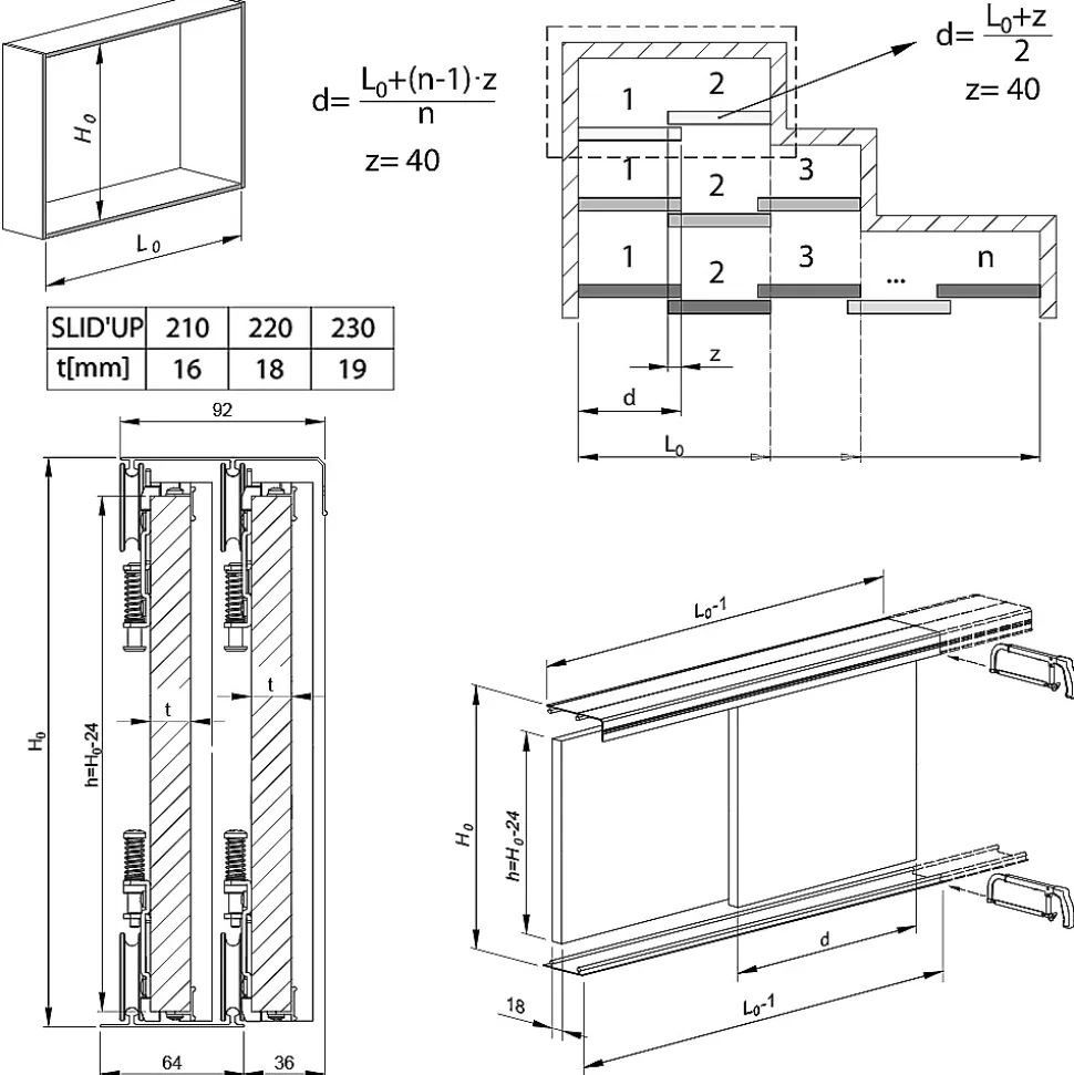 Kit SLID'UP 230 aluminium anodisé naturel pour 3 portes de placard coulissantes 19 mm - rail 2,7 m - 70 kg