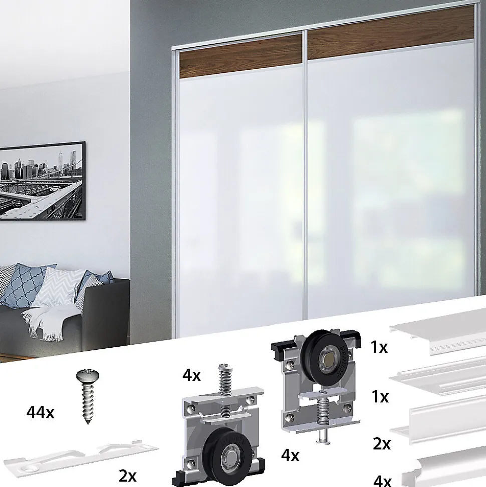 Kit SLID'UP 220 aluminium blanc pour 2 portes de placard coulissantes 18 mm - rail 1,8 m - 70 kg