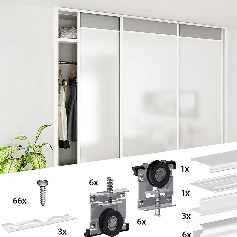Kit SLID'UP 220 aluminium blanc pour 3 portes de placard coulissantes 18 mm - rail 2,7 m - 70 kg