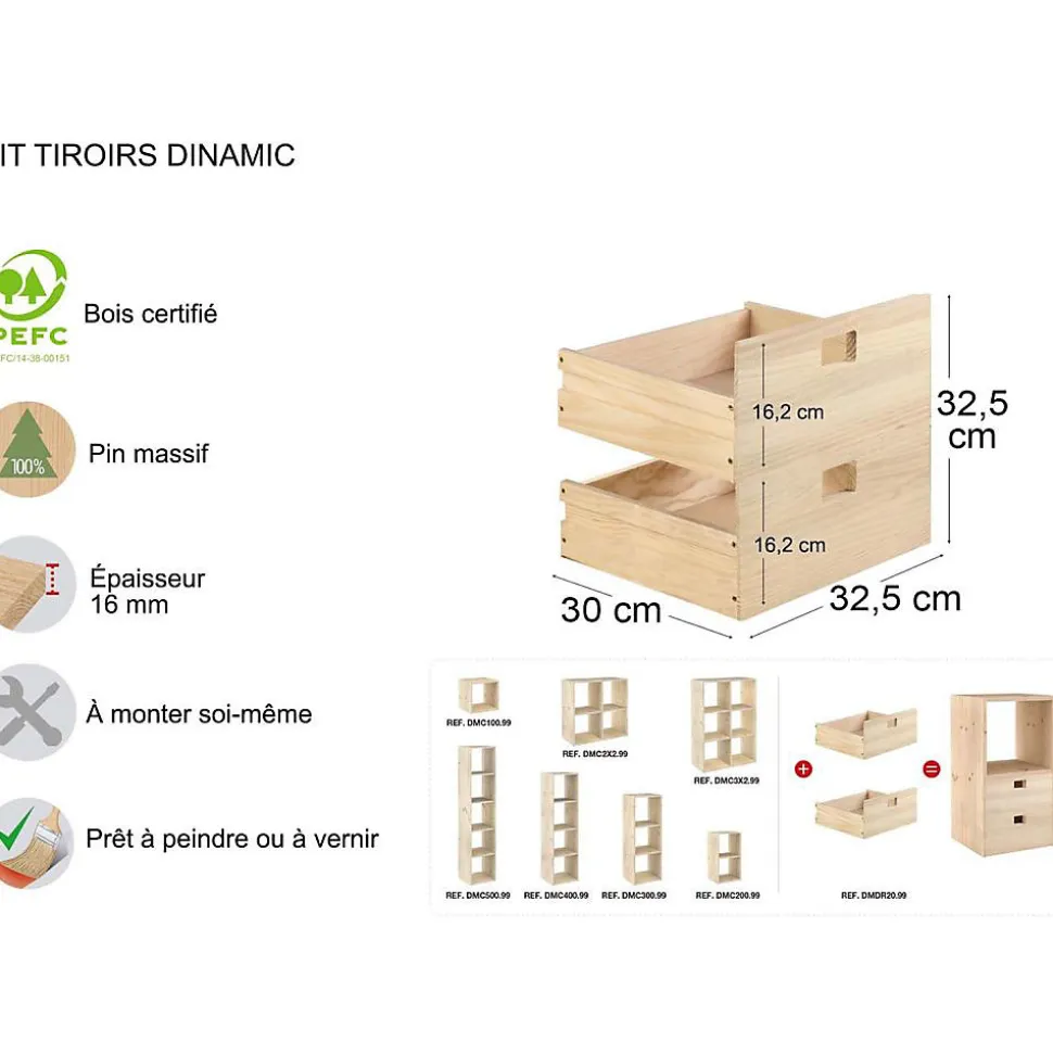 Kit tiroirs en pin massif pour étagères Dinamic