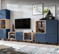 komodee, Ensembles de Meubles TV Fondi, 3 armoires, bleu, bois clair, 173 x 35x 272 cm, style scandinave, pour salon, bureau