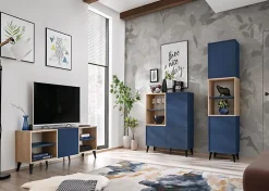 komodee, Ensembles de Meubles TV Fondi, 3 armoires, bleu, bois clair, 173 x 35x 272 cm, style scandinave, pour salon, bureau