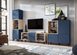 komodee, Ensembles de Meubles TV Fondi, 3 armoires, bleu, bois clair, 173 x 35x 272 cm, style scandinave, pour salon, bureau