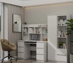 KUBA - Bureau extensible - 6 tiroirs, 5 étagères - 130x51x146 cm - BLANC