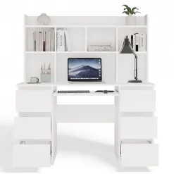KUBA - Bureau extensible - 6 tiroirs, 5 étagères - 130x51x146 cm - BLANC