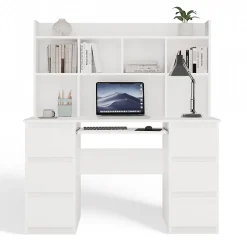 KUBA - Bureau extensible - 6 tiroirs, 5 étagères - 130x51x146 cm - BLANC