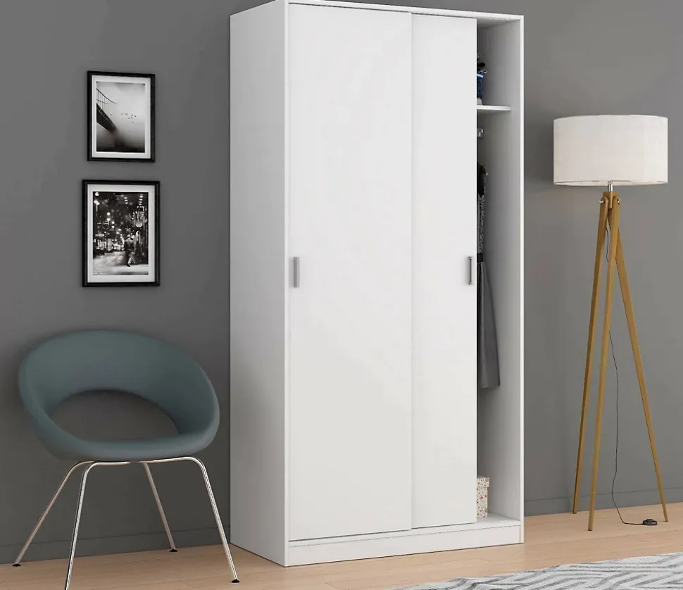 Lansing Armoire, Armoire de Chambre avec 2 portes coulissantes, Armoire avec Etagere et tringle à vêtements, 100x50h200 cm, Blanc