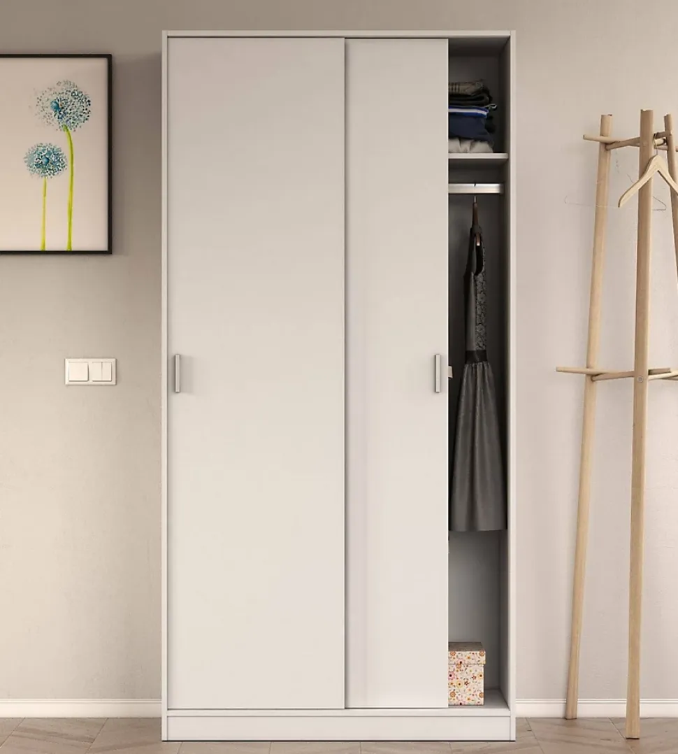 Lansing Armoire, Armoire de Chambre avec 2 portes coulissantes, Armoire avec Etagere et tringle à vêtements, 100x50h200 cm, Blanc