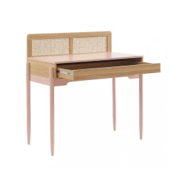 Lilou - Bureau enfant 1 tiroir en bois et cannage H95cm - Rose
