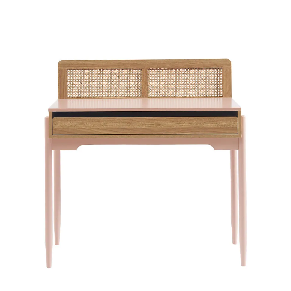 Lilou - Bureau enfant 1 tiroir en bois et cannage H95cm - Rose