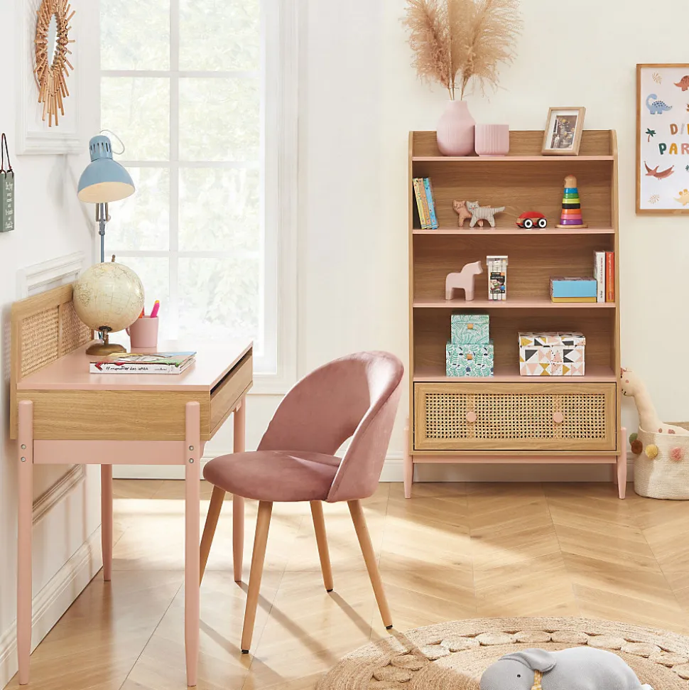 Lilou - Bureau enfant 1 tiroir en bois et cannage H95cm - Rose