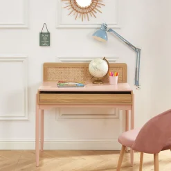Lilou - Bureau enfant 1 tiroir en bois et cannage H95cm - Rose