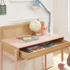 Lilou - Bureau enfant 1 tiroir en bois et cannage H95cm - Rose