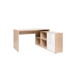 LONDON Bureau d'angle classique décor chene sonoma et blanc brillant - L 136 cm