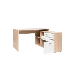 LONDON Bureau d'angle classique décor chene sonoma et blanc brillant - L 136 cm