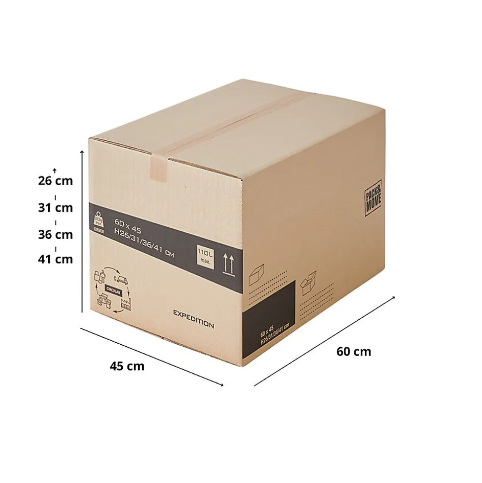 Lot 50 cartons déménagement hauteur modubale : variable - 50 x 40 x 20-30 cm - Poignées renforcées - 2 adhésifs offerts