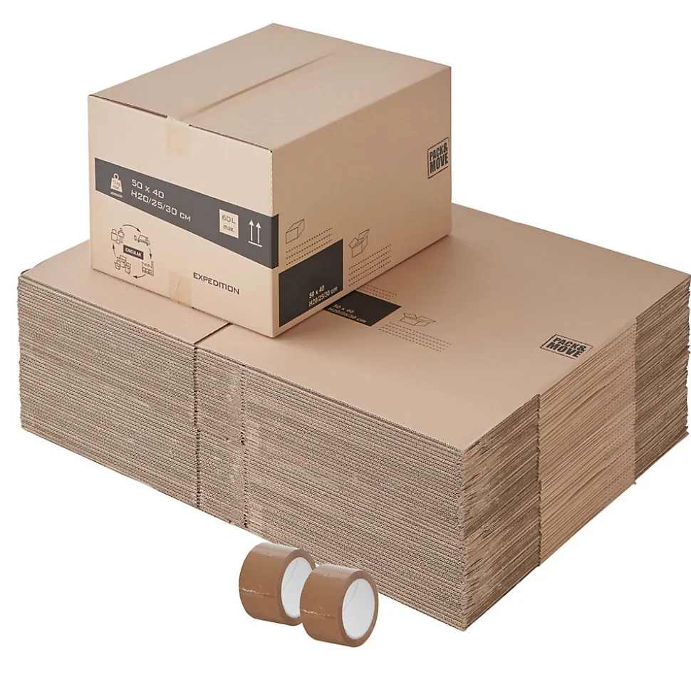 Lot 50 cartons déménagement hauteur modubale : variable - 50 x 40 x 20-30 cm - Poignées renforcées - 2 adhésifs offerts