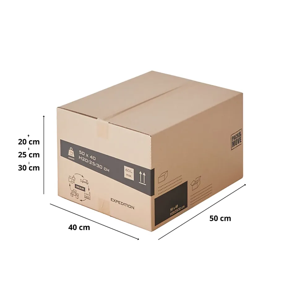 Lot 50 cartons déménagement hauteur modubale : variable - 50 x 40 x 20-30 cm - Poignées renforcées - 2 adhésifs offerts