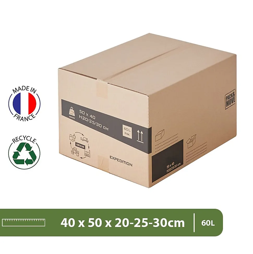 Lot 25 cartons déménagement hauteur modubale : variable - 50 x 40 x 20-30 cm - Poignées renforcées - 1 adhésif offert