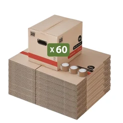 Lot 60 Cartons Déménagement Livres Premium - 40 X 30 X 30 Cm - Extrême Résistance 20 KG - Poignées Renforcées - 3 Adhésifs Offerts