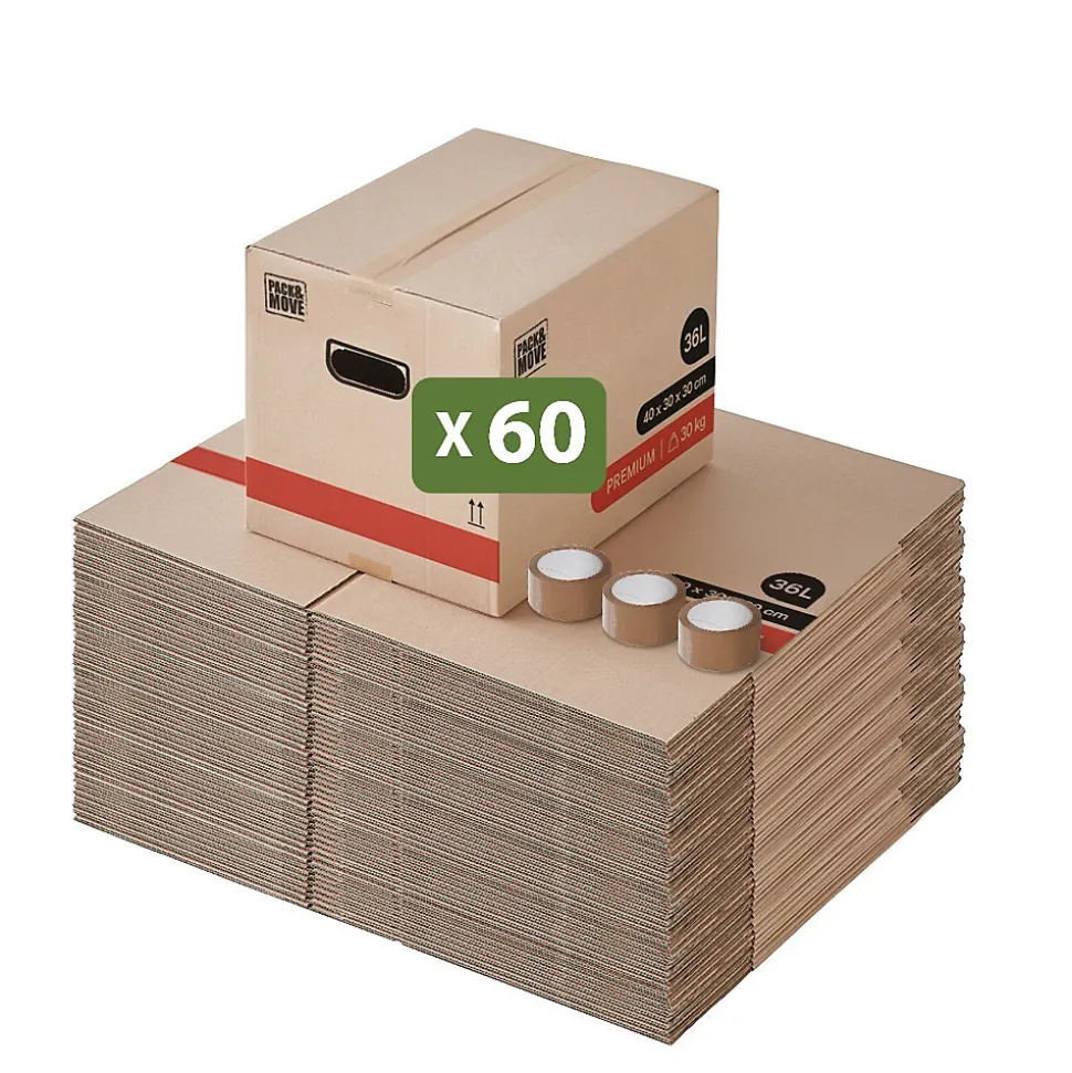 Lot 60 Cartons Déménagement Livres Premium - 40 X 30 X 30 Cm - Extrême Résistance 20 KG - Poignées Renforcées - 3 Adhésifs Offerts