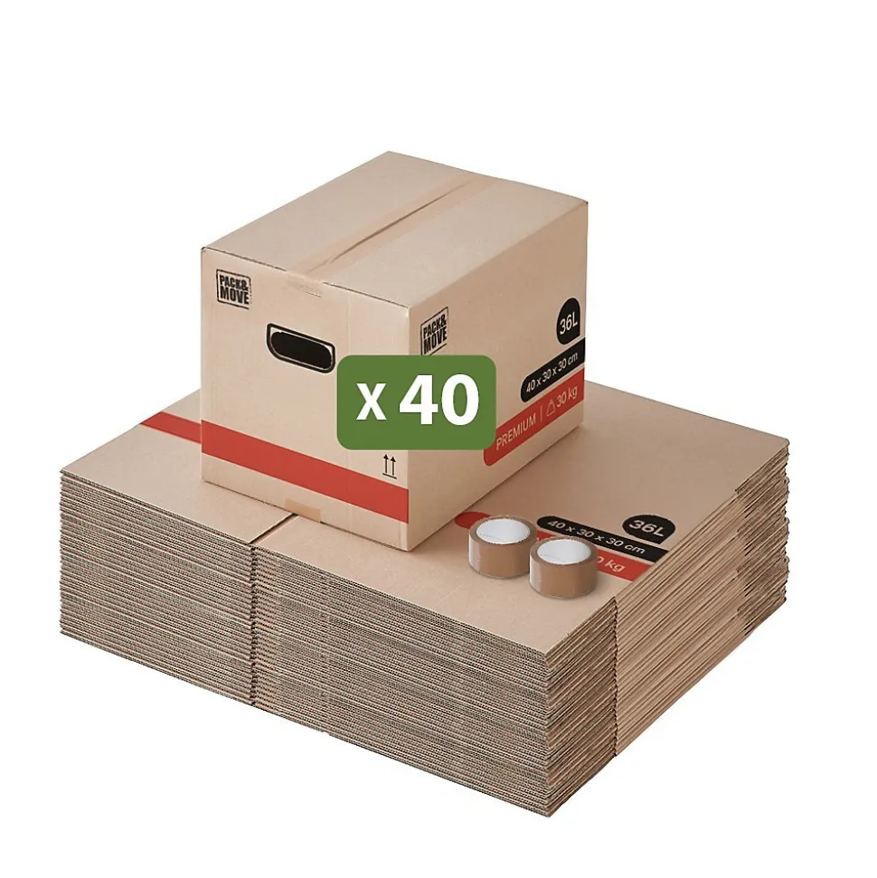 Lot 40 Cartons Déménagement Livres Premium - 40 X 30 X 30 Cm - Extrême Résistance 20 KG - Poignées Renforcées - 2 Adhésifs Offerts