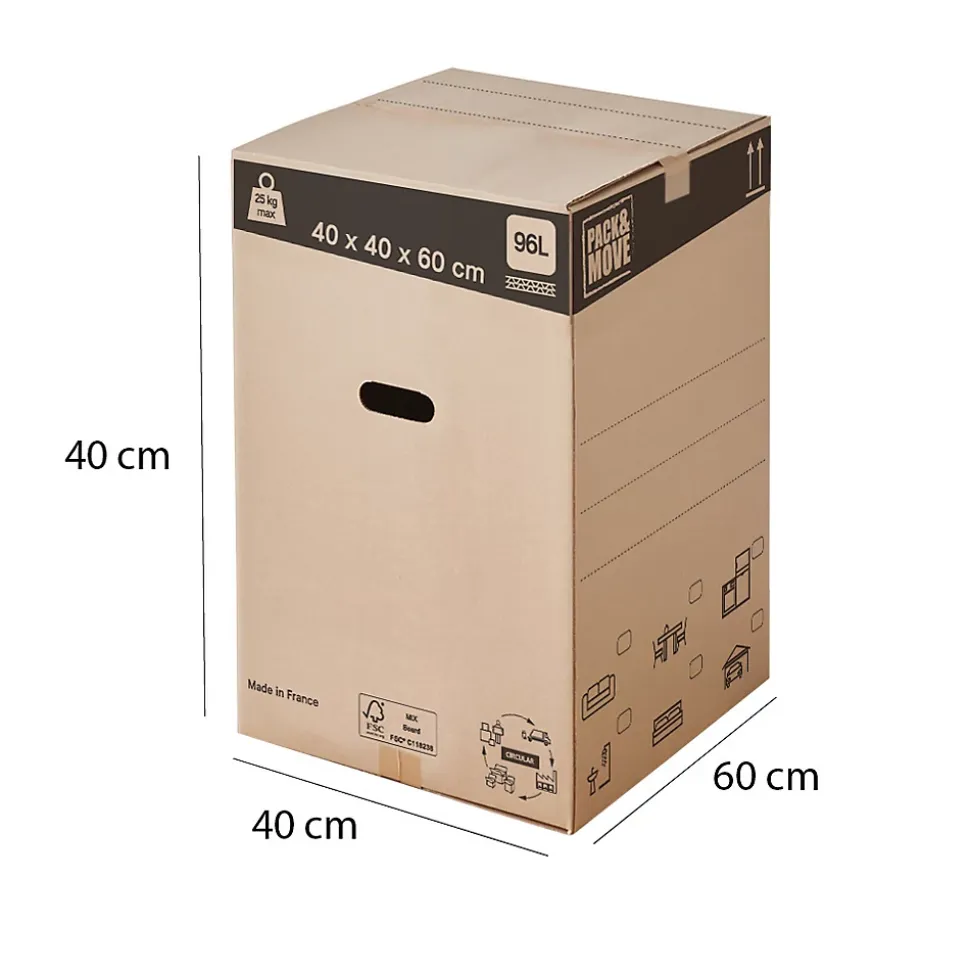 Lot 40 cartons déménagement L haut - 40 x 40 x 60 cm - Poignées renforcées - 2 adhésifs offerts