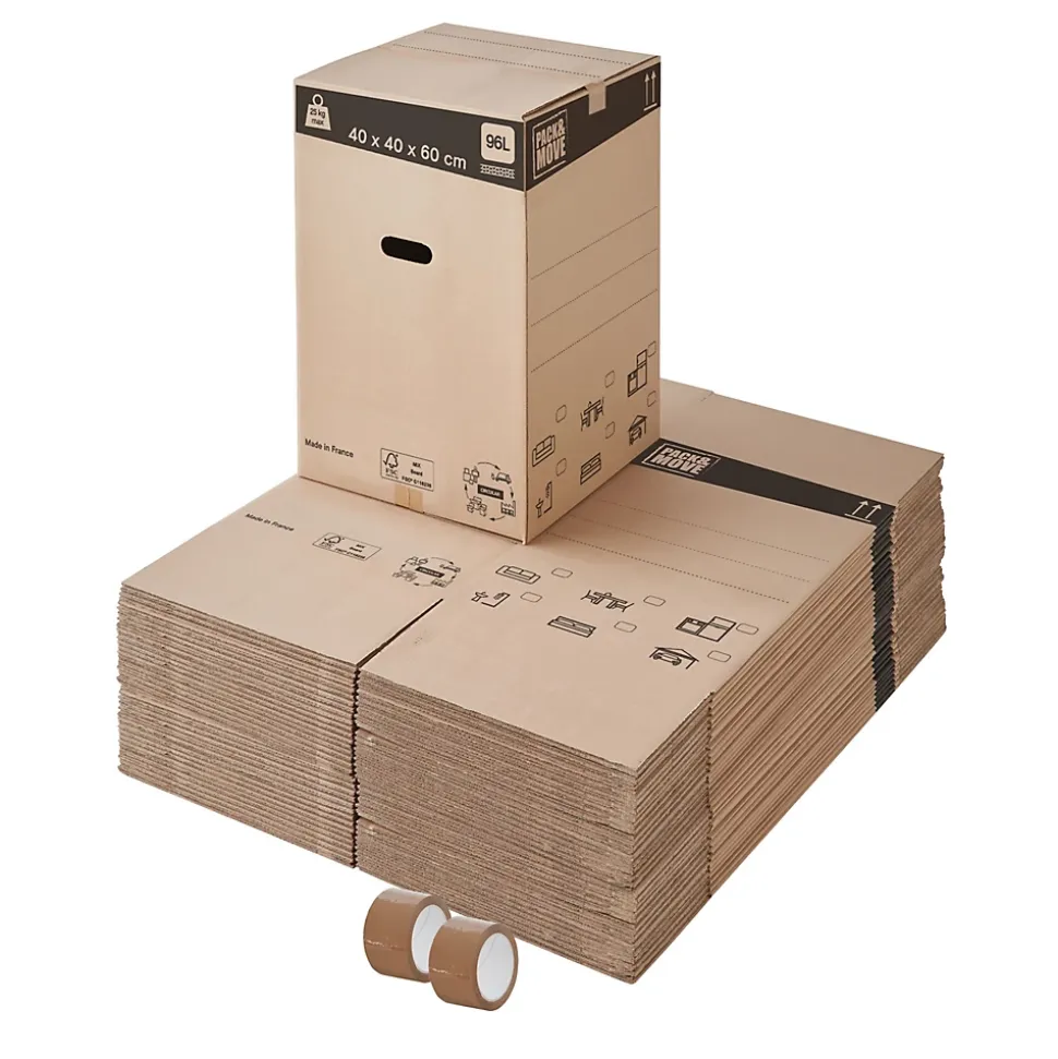 Lot 40 cartons déménagement L haut - 40 x 40 x 60 cm - Poignées renforcées - 2 adhésifs offerts