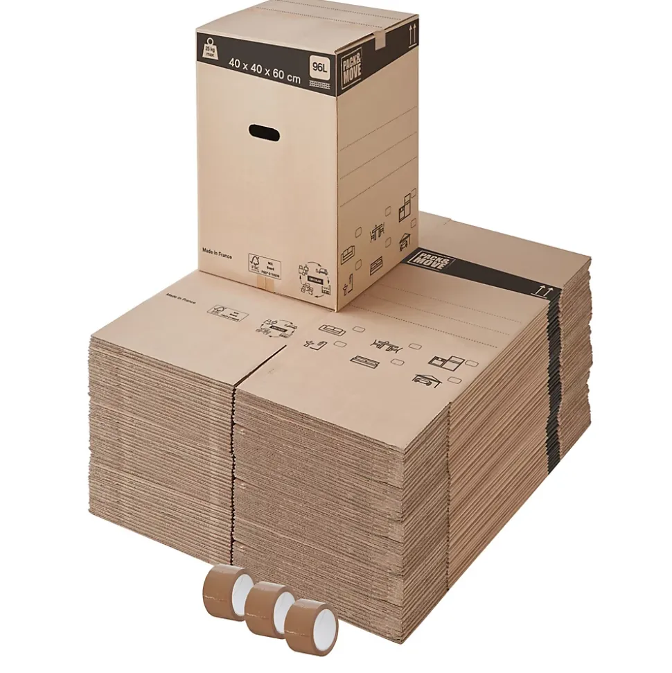 Lot 60 cartons déménagement L haut - 40 x 40 x 60 cm - Poignées renforcées - 3 adhésifs offerts